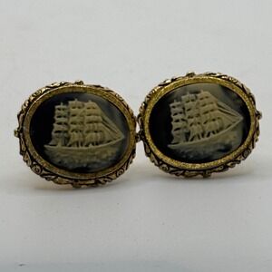Vintage Dante Oval Cameo Cufflinks Gold Tone Tall Ship Sailboat Embossed Design‎